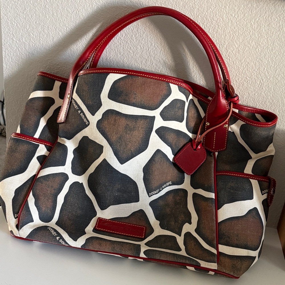 Dooney & Bourke Brown and Red Giraffe Print Tote